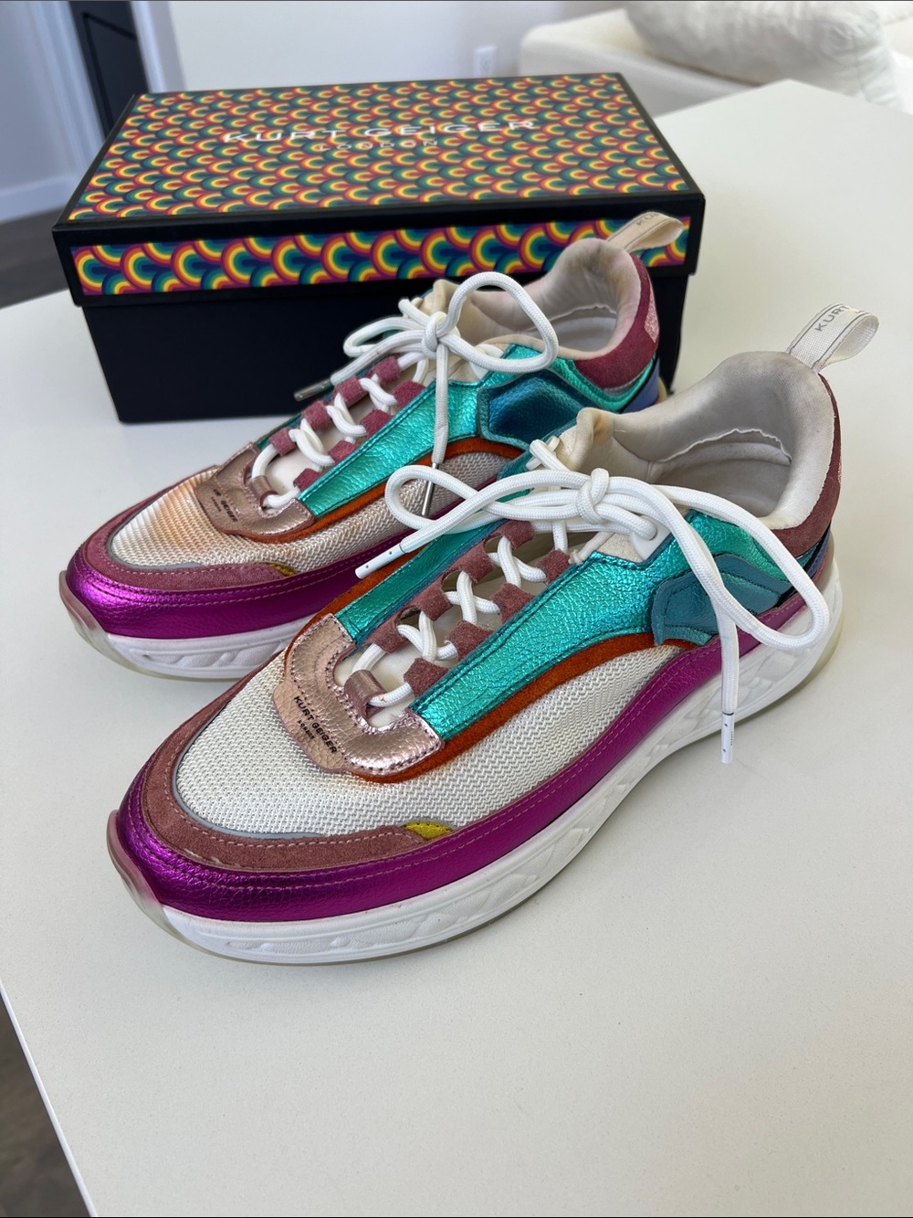 Kurt Geiger kensington color sneakers teal orange white sparkly purple glitter